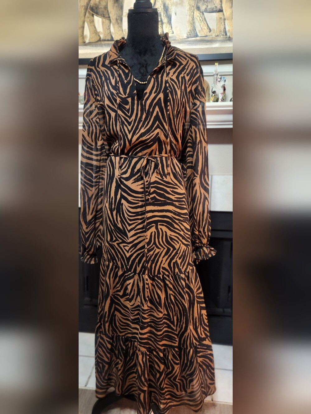 Tiered Zebra-Print Maxi Dress in Brown and Black
